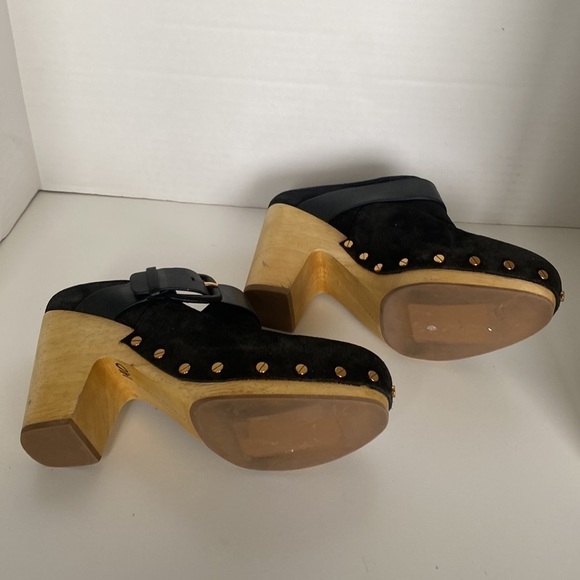 VERONICA BEARD Dacey Clogs Buckled Strap Studded Black Suede Wooden Heel Mule - Picture 4 of 9